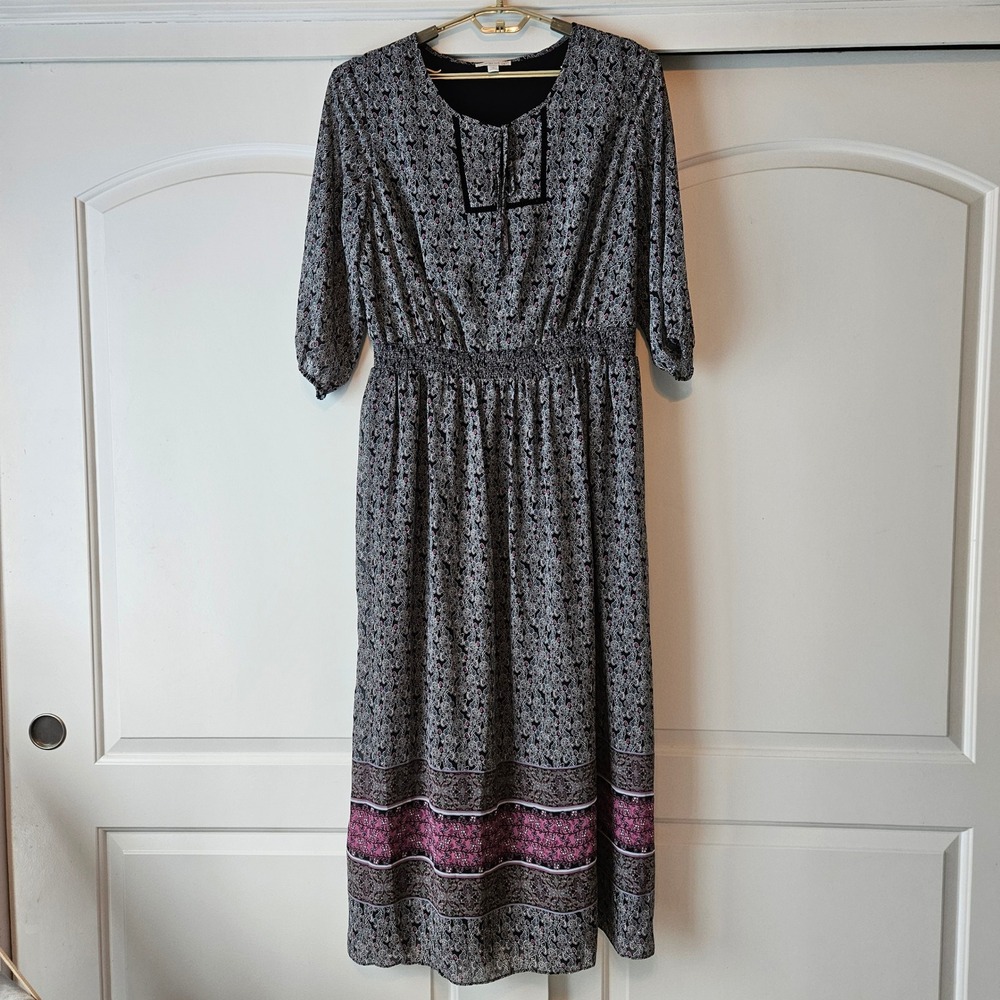 Westport 1962 Midi Dress Womens 16 Floral‎ Black Pink Boho Cottage Prairie Retro